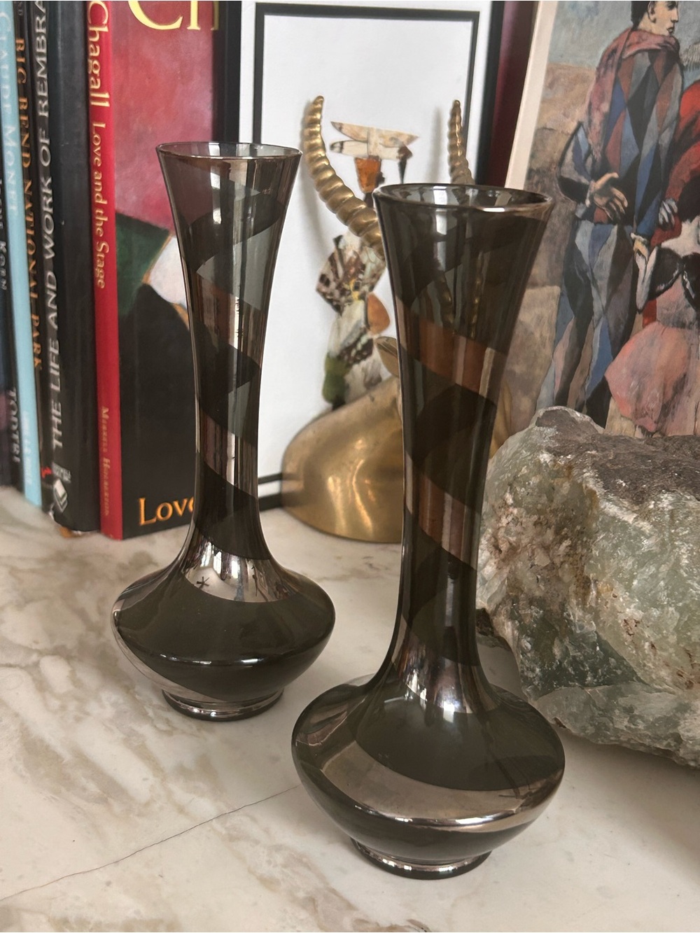 1970’s Enesco Smoky Gray and Silver Glass Bud Vases - Pair
